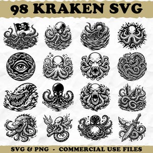 May include: A collection of 98 Kraken SVG designs in black and white. The illustrations feature various depictions of the mythical sea creature, including detailed tentacles, menacing expressions, and pirate-themed elements. The text "SVG & PNG - COMMERCIAL USE FILES" is also included.