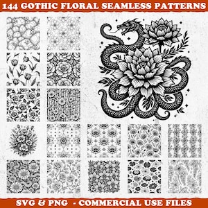 Puede incluir: Imagen digital en blanco y negro con 144 patrones florales góticos sin costuras. La imagen incluye un diseño central de una serpiente entrelazada con una flor grande. El texto en la parte superior dice "144 GOTHIC FLORAL SEAMLESS PATTERNS".