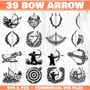 Könnte beinhalten: Eine Sammlung von 39 Bogen- und Pfeildesigns in Schwarz und Weiß. Die Designs umfassen Bogenschützen, Bögen, Pfeile und Ziele. Der Text "39 BOW ARROW" steht oben und "SVG & PNG - COMMERCIAL USE FILES" unten.
