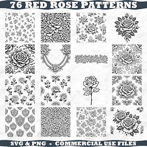 Può includere: Una collezione digitale di 76 motivi a rose rosse con illustrazioni a linee bianche e nere di rose in varie disposizioni, inclusi motivi floreali, bordi e steli singoli, etichettata 76 RED ROSE PATTERNS e SVG & PNG - COMMERCIAL USE FILES.