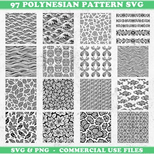 May include: A collection of 97 Polynesian pattern SVG files in black and white. The patterns include waves, masks, leaves, fish, and floral designs. The text at the top reads "97 Polynesian Pattern SVG" and the text at the bottom reads "SVG & PNG - COMMERCIAL USE FILES."