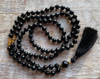 Onice Mala, Mala da meditazione di messa a terra, Mala annodato a mano, 108 perline Mala, Onice nero, Mala per protezione, Yoga Mala, Perline di preghiera, Boho Mala