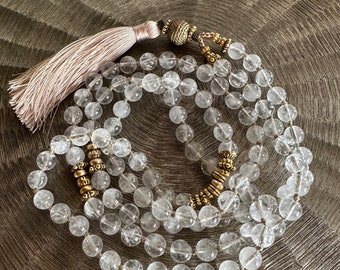 Clear Crystal Mala Beads, Quartz, Mala Beads, Mala for Clarity, 108 Mala, Hand Knotted Mala, Quartz Beads, Tassel Mala, crystal beads, yoga