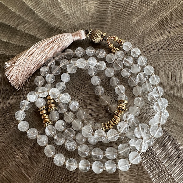 Clear Crystal Mala Beads, Quartz, Mala Beads, Mala for Clarity, 108 Mala, Hand Knotted Mala, Quartz Beads, Tassel Mala, crystal beads, yoga