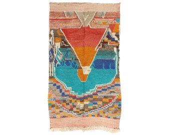 Colorful Hand-Knotted Wool Boujad Rug: 8'6" x 4'9" Vintage Moroccan Carpet