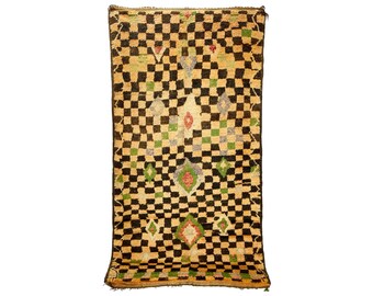 Abstract Checkered Moroccan Wool Rug: Vintage Boujad Design