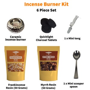 Incense burner kit / gift pack - 6 piece set with frankincense and myrrh combo pack
