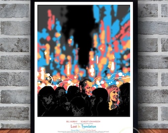 May include: A minimalist poster design for the movie "Lost in Translation" featuring Bill Murray and Scarlett Johansson in a crowd of people. The poster has a colorful background with a blue, orange, and pink color scheme.