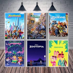 May include: Six framed Zootopia movie posters. The posters feature colorful illustrations of the characters and scenes from the animated film. The posters are displayed against a brick wall background.