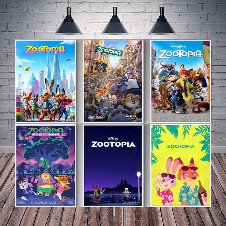 May include: Six framed Zootopia movie posters. The posters feature colorful illustrations of the characters and scenes from the animated film. The posters are displayed against a brick wall background.
