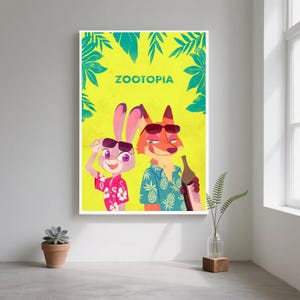 May include: A framed Zootopia poster featuring Judy Hopps and Nick Wilde in sunglasses and Hawaiian shirts. The background is yellow with green leaves and the word "ZOOTOPIA". Judy is wearing a pink shirt, and Nick is holding a bottle.