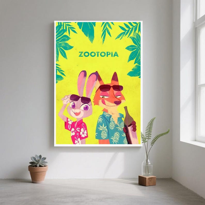 May include: A framed Zootopia poster featuring Judy Hopps and Nick Wilde in sunglasses and Hawaiian shirts. The background is yellow with green leaves and the word "ZOOTOPIA". Judy is wearing a pink shirt, and Nick is holding a bottle.
