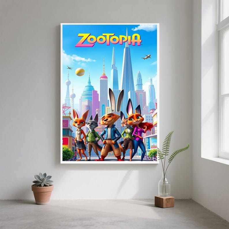 May include: A framed Zootopia movie poster featuring a cityscape backdrop and a group of anthropomorphic animal characters. The title "Zootopia" is displayed in vibrant colors across the top. The artwork is set against a white background.