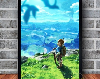 May include: A video game character stands on a grassy hilltop overlooking a vast, blue landscape. The character is wearing a blue tunic and brown pants, and is holding a sword and shield. In the distance, a large volcano can be seen erupting.