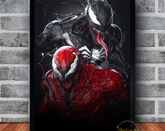 May include: A black and red comic book character with a large mouth and sharp teeth. The character is wearing a black suit with a white spider symbol on the chest. The character is standing in front of a dark background.