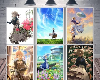 May include: Six framed anime art prints featuring the character Violet Evergarden. The prints showcase various scenes with the character in different settings, including gardens and landscapes. The color palette includes blues, greens, and pinks, with Japanese text on some prints.