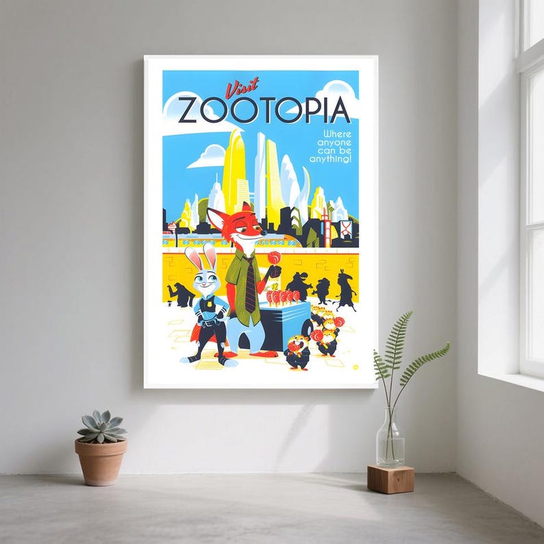 May include: A framed poster featuring characters from the animated film Zootopia. The poster has a blue sky background with the words "Visit Zootopia" and "Where anyone can be anything!" The image includes a fox and a bunny.