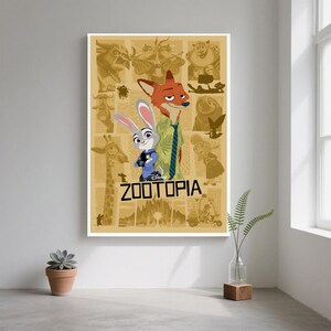 May include: A framed poster featuring characters from the animated film "Zootopia." The poster showcases Judy Hopps, a bunny, and Nick Wilde, a fox, with the film's title prominently displayed. The background includes various supporting characters.