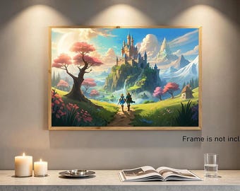 May include: A rectangular wall art print featuring a fantasy landscape with a large castle on a mountain, a path leading toward it, two figures walking, pink-leafed trees, and snow-capped peaks under a bright sky with a large moon.