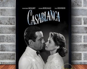 May include: Black and white movie poster for the film Casablanca featuring Humphrey Bogart and Ingrid Bergman. The title of the film is in blue text.
