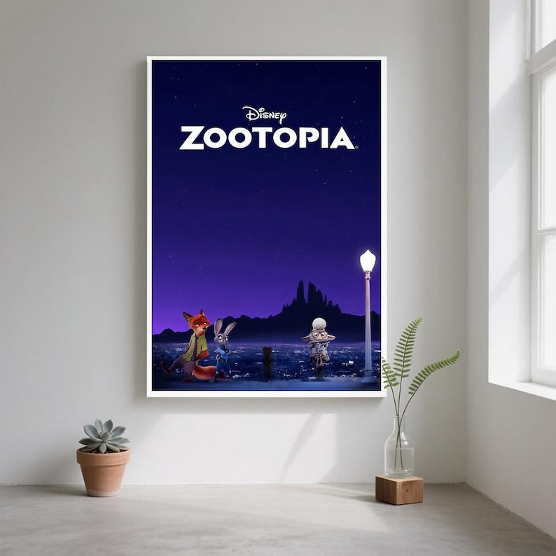 May include: A framed Disney Zootopia movie poster. The poster features the movie title in white letters against a dark blue night sky background. The image shows the characters Nick Wilde, Judy Hopps, and others in a city setting.