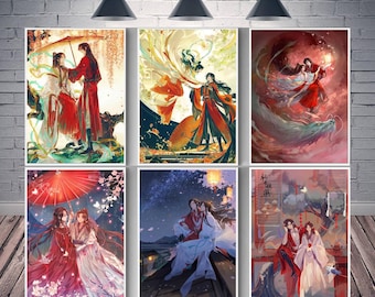 May include: Six framed art prints featuring romantic scenes with figures in flowing robes. The artwork uses a vibrant color palette of reds, oranges, and blues, with detailed illustrations of figures in various settings, including under an umbrella and on a rooftop.