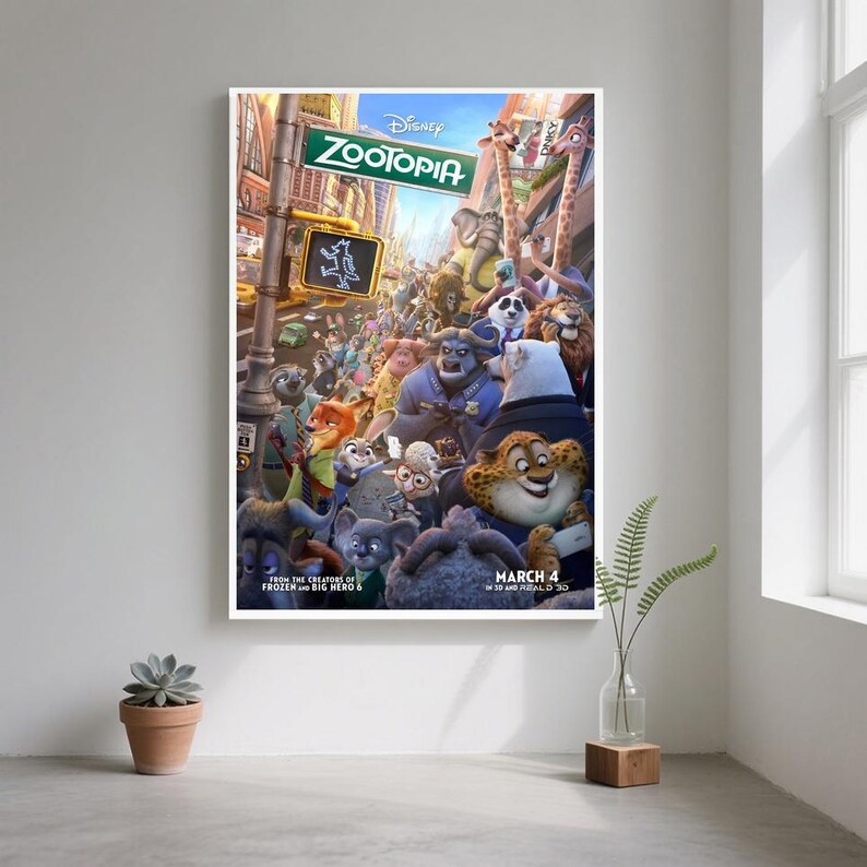 May include: A framed Disney Zootopia movie poster. The poster features a bustling city scene with various anthropomorphic animals. The Zootopia title is displayed above a street sign. The text "March 4" is visible. The poster is displayed on a white wall.