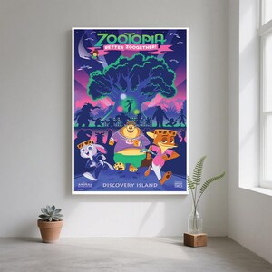 May include: A framed Zootopia poster with the text "Zootopia Better Zootogether!" and "Discovery Island." The artwork features cartoon characters in a colorful, stylized jungle scene with a large tree and silhouettes of animals.