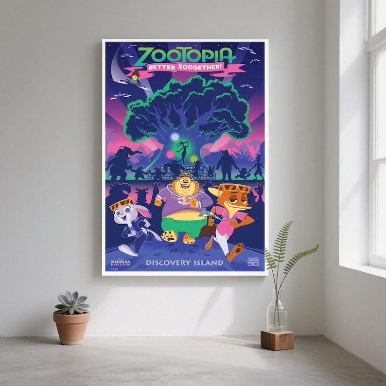May include: A framed Zootopia poster with the text "Zootopia Better Zootogether!" and "Discovery Island." The artwork features cartoon characters in a colorful, stylized jungle scene with a large tree and silhouettes of animals.