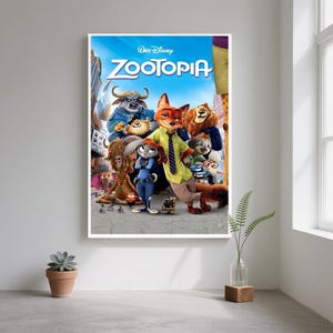 May include: A framed poster featuring the animated film "Zootopia." The poster showcases a group of anthropomorphic animal characters against a cityscape backdrop. The title "Zootopia" is prominently displayed in a blue and white font.