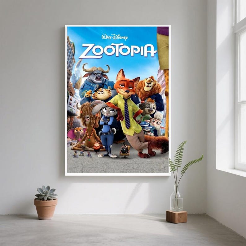 May include: A framed poster featuring the animated film "Zootopia." The poster showcases a group of anthropomorphic animal characters against a cityscape backdrop. The title "Zootopia" is prominently displayed in a blue and white font.