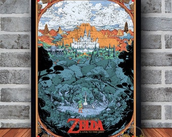 May include: A retro-style poster for the video game The Legend of Zelda: A Link to the Past. The poster features a detailed illustration of Link standing in a forest with a castle in the background. The text "The Legend of Zelda: A Link to the Past" is printed in red and white.
