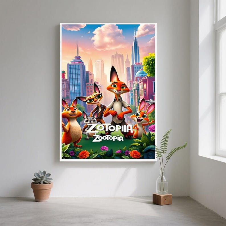 May include: A framed Zootopia poster featuring cartoon characters in a city setting. The poster displays the title "Zootopia" and showcases several animal characters, including foxes and rabbits, with a cityscape backdrop.