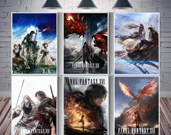 May include: A set of six rectangular wall posters featuring Final Fantasy XVI character and creature illustrations. The artwork displays various scenes with figures in dark armor, flowing capes, and fiery phoenix imagery, all labeled Final Fantasy XVI.