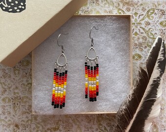 Fire Color Seed Beaded Chandelier Earrings | Anishinaabe Native Made | Ode'imin and Sage