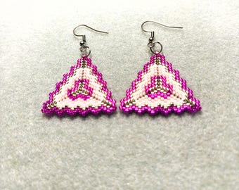 Shiny Pink and Silver Triangular Drop Earrings | Native Made | Handmade Earrings | Beaded Earrings | Gift | Trending