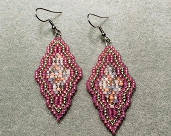 Pendant Earrings in Pink And Silver | Native Made | Handmade Earrings | Beaded Earrings | Gift | Trending