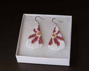 Pink Daisy Petals And Fringe Earrings | Native Made | Handmade Earrings | Beaded Earrings | Gift | Trending