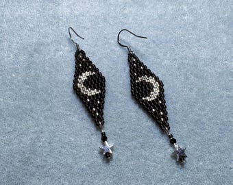 Beaded Crescent Moon Star Dangle Earrings | Anishinaabe Native Made Handwoven Jewelry