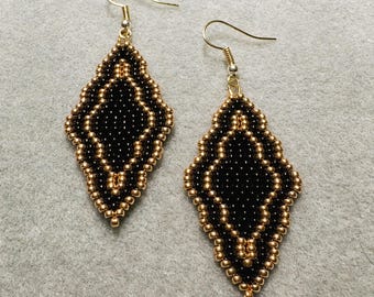 Pendant Earrings in Black and Gold | Native Made | Handmade Earrings | Beaded Earrings | Gift | Trending