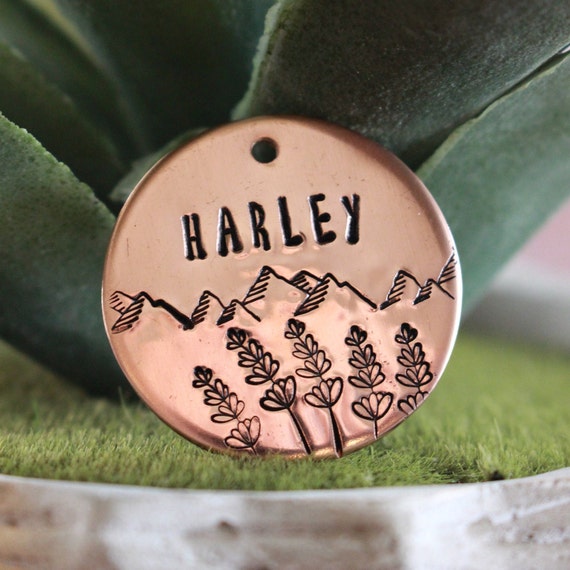 Poppies Dog Tag Thick Wildflowers Pet Name Tag Custom Personalized Mountains Floral Dog Tag Pet ID Tag Hand Stamped