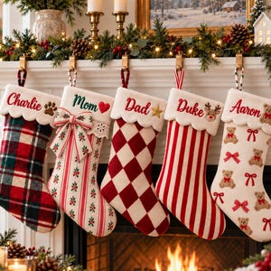 Personalized Christmas Stocking with Embroidered Name, Custom Family Name Stocking With Icon, Family Christmas Decor, Holiday Mantel Gift