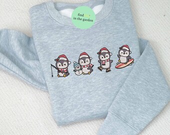 Sudadera navideña bordada de Penguin Family Squad, linda camiseta bordada de Penguin Gathering, conjuntos navideños bordados de Penguin