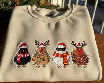 Sudadera navideña de pollo: suéter navideño con un divertido animal de granja, jersey de gallina bordada, un bonito regalo de Navidad para los amantes de los pollos.