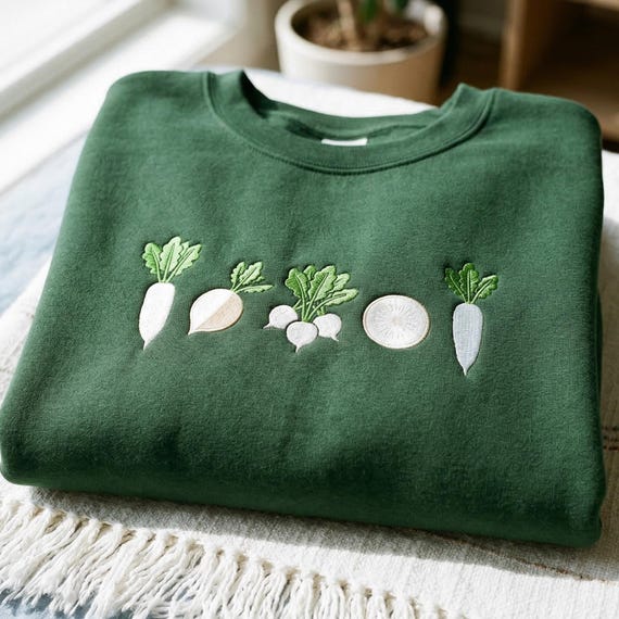 White Radish Embroidered Sweatshirt, Eat Clean Veggie Shirt, Minimal Vegetable Crewneck, Healthy Lifestyle Outfit, Vegan Gift