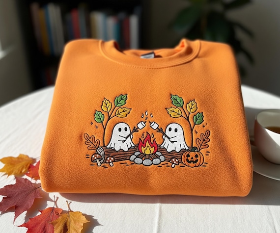 Ghost Camping Embroidered Halloween Sweatshirt, Cute Fall Campfire Sweater, Spooky Season Gift For Camp Lover