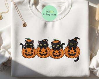 Camisa bordada con calabaza y gato negro, linda camiseta de Halloween para mujer, regalo de temporada espeluznante, sudadera divertida con calabaza, top otoñal para amantes de los gatos