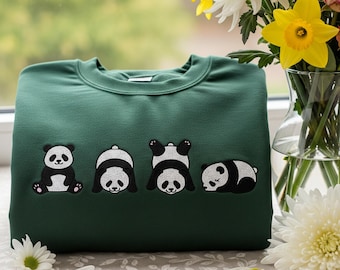 Sudadera con bordado de panda, regalo para amantes de los animales, cuello redondo con bordado minimalista, suéter acogedor de panda kawaii, camiseta para amantes de la naturaleza