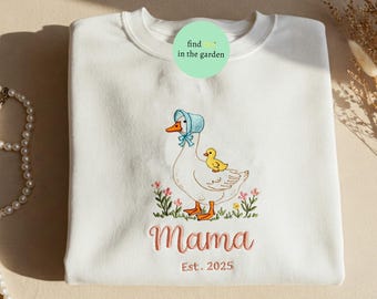 Bestickte benutzerdefinierte Ente Mutter und Baby-Sweatshirt, Mama Ente und Baby-Pullover, Varsity Mama personalisierte Jahr Crewneck