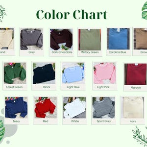 Op de afbeelding: Kleurenkaart met 15 verschillende kleuren van shirts met lange mouwen. De kleuren zijn: Zand, Grijs, Donkerbruin, Militair groen, Carolina blauw, Bruin, Bosgroen, Zwart, Lichtblauw, Lichtroze, Bordeauxrood, Marineblauw, Rood, Wit en Sportgrijs.